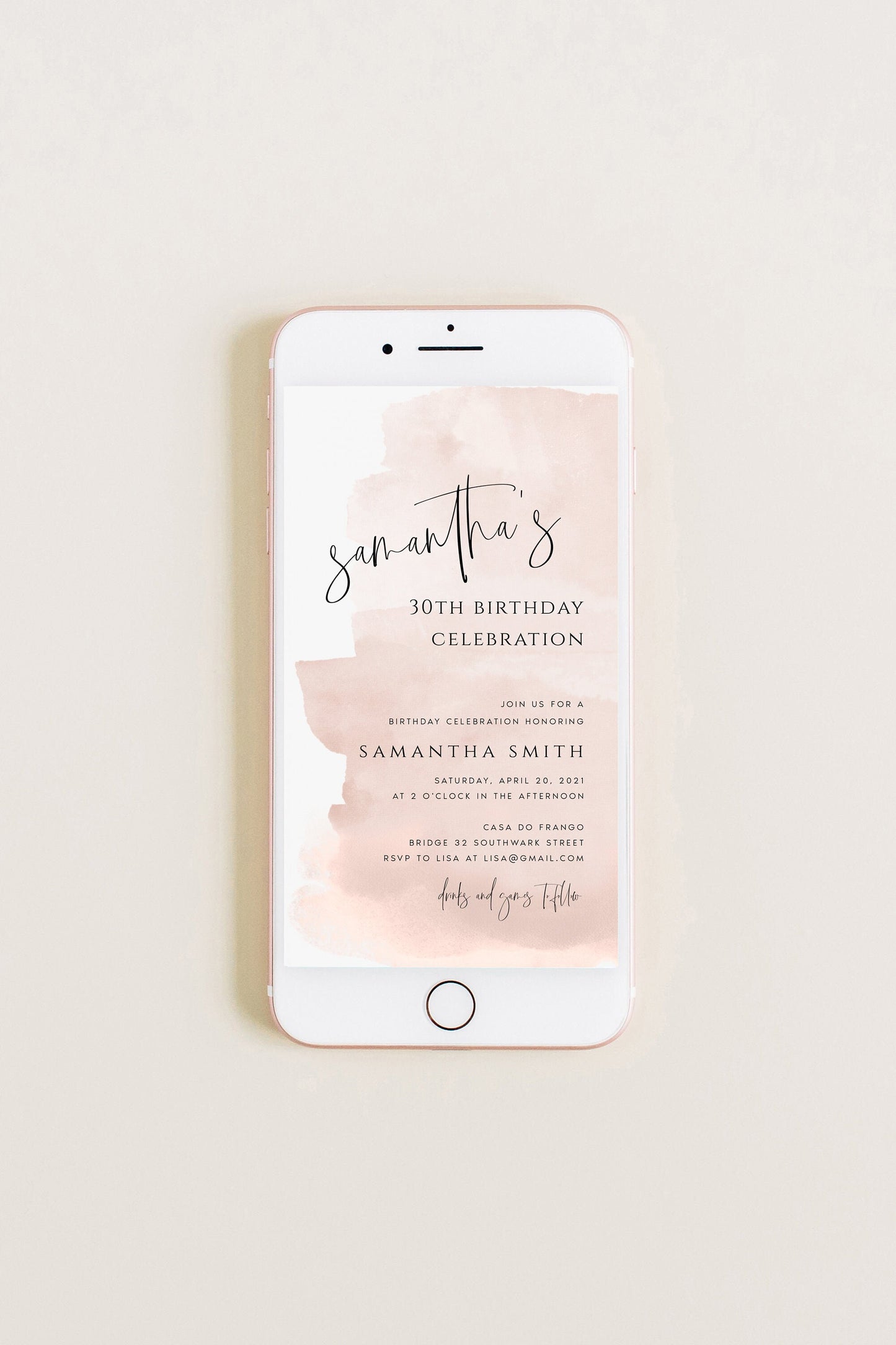 Samantha Blush Pink Electronic Birthday Party Invitation
