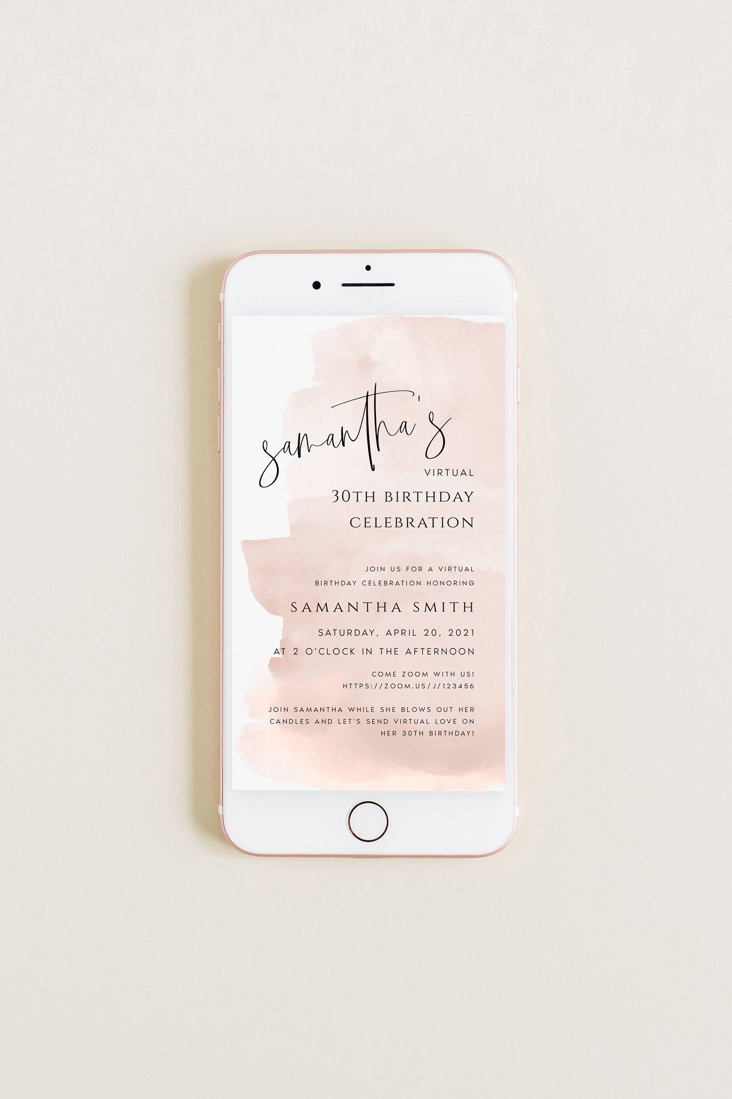 Samantha Pink Electronic Virtual Birthday Party Invitation