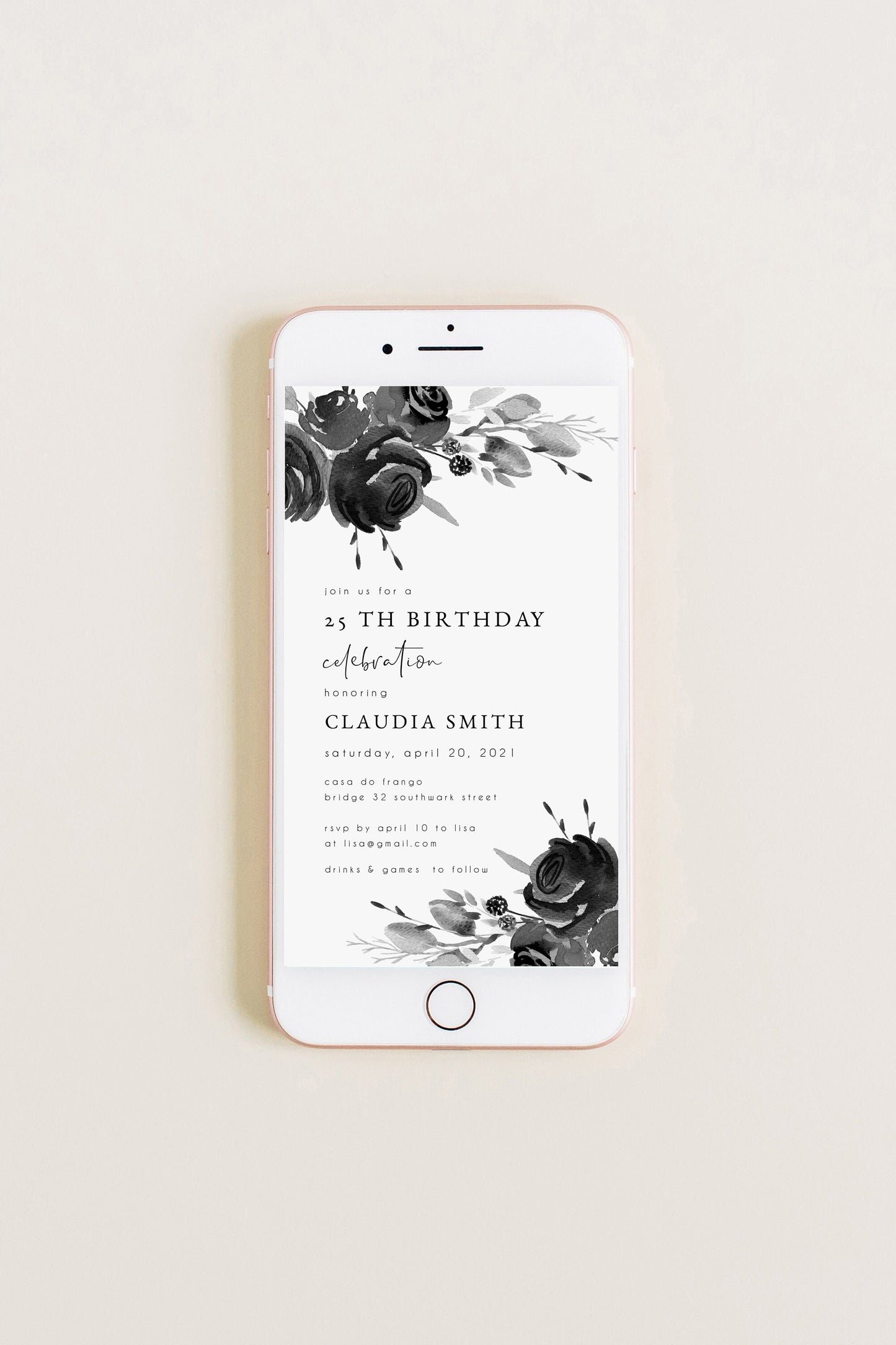 Claudia Black & White Floral Electronic Birthday Party Invitation