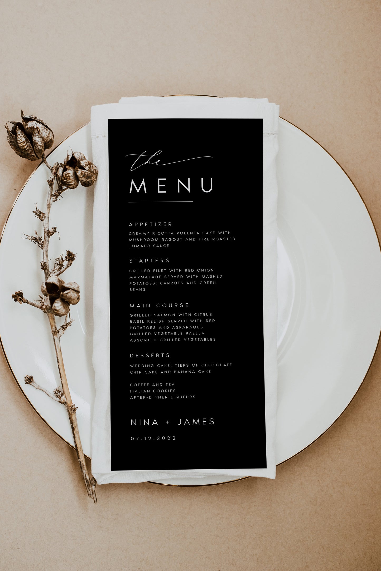 Nina Minimalist Black Wedding Menu Template