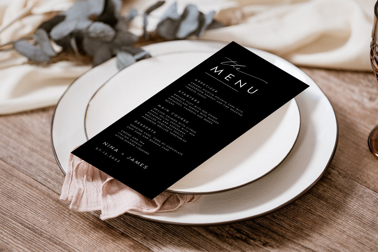 Nina Minimalist Black Wedding Menu Template