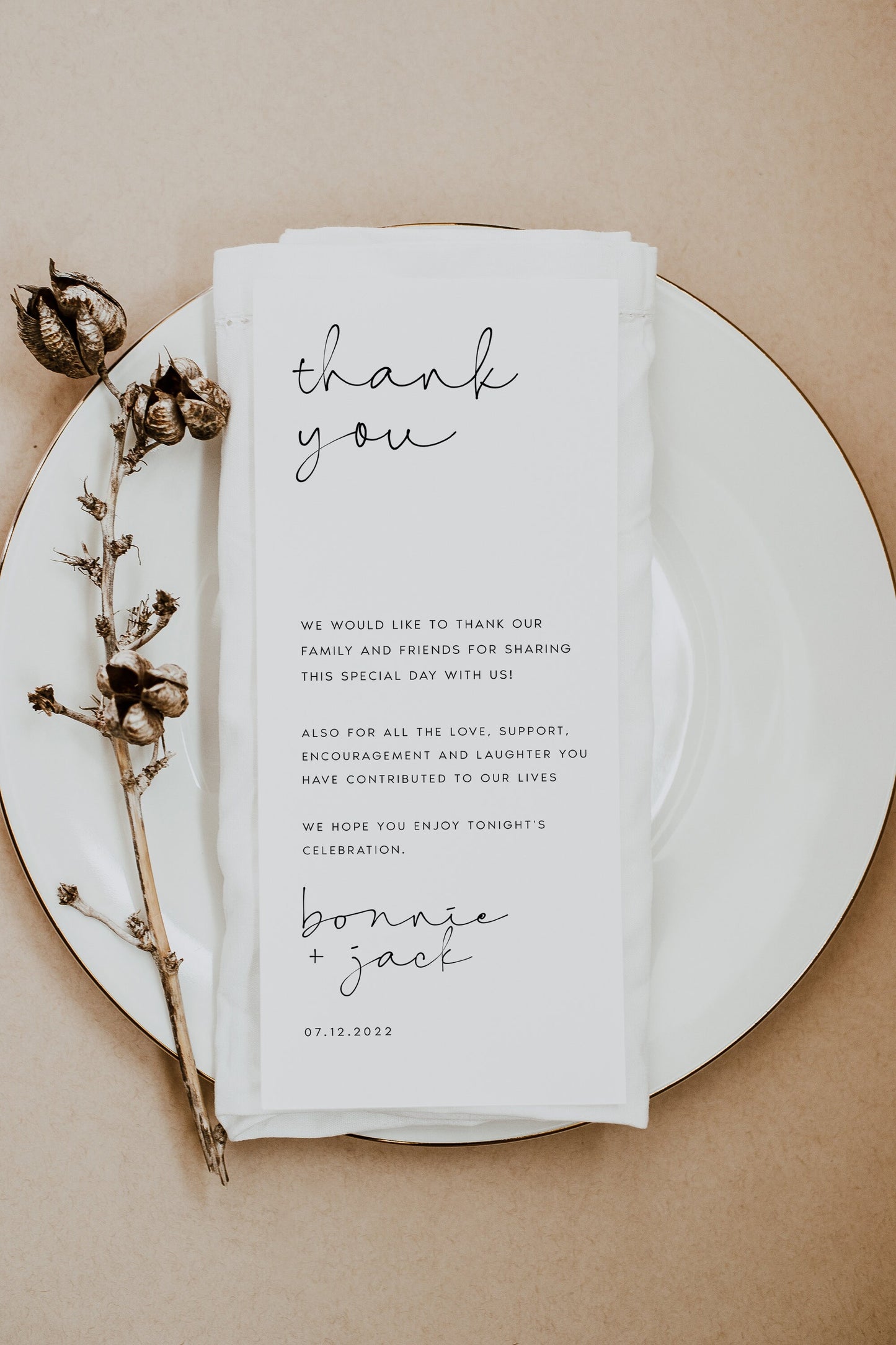 Bonnie Minimalist Wedding Table Thank You Card Template