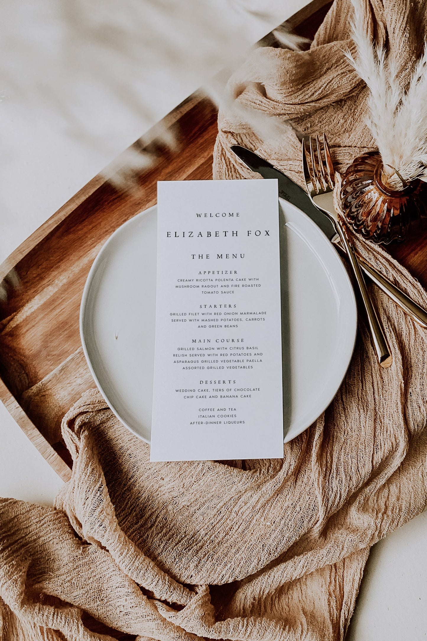 Elizabeth Modern Wedding Menu Template with Guest Name