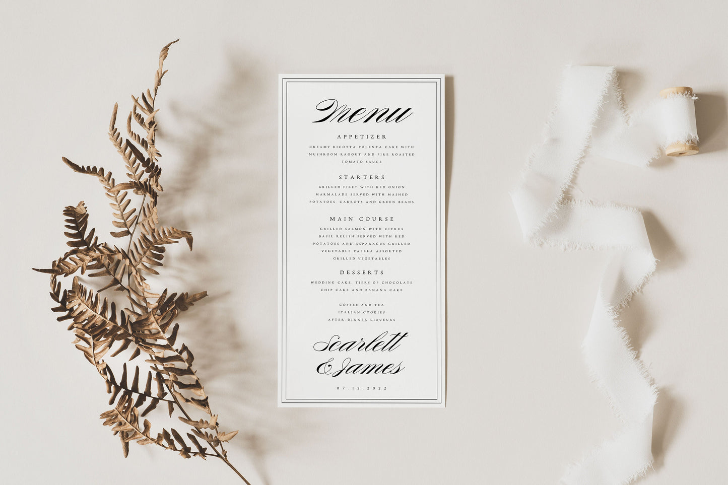Scarlett Editable Wedding Menu Template with Border