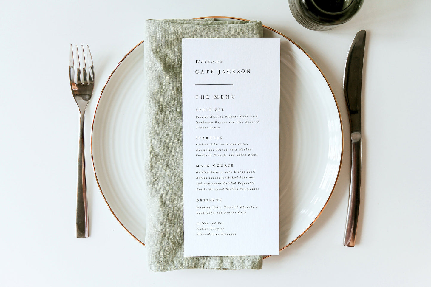 Cate Wedding Menu Template with Guest Names