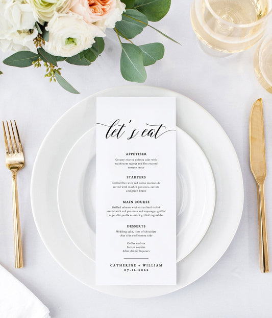 Minimal Wedding Menu with Couple Name Template, Modern Dinner Menu Printable, Minimalist Wedding Dinner Menu, Lets eat, Digital Download