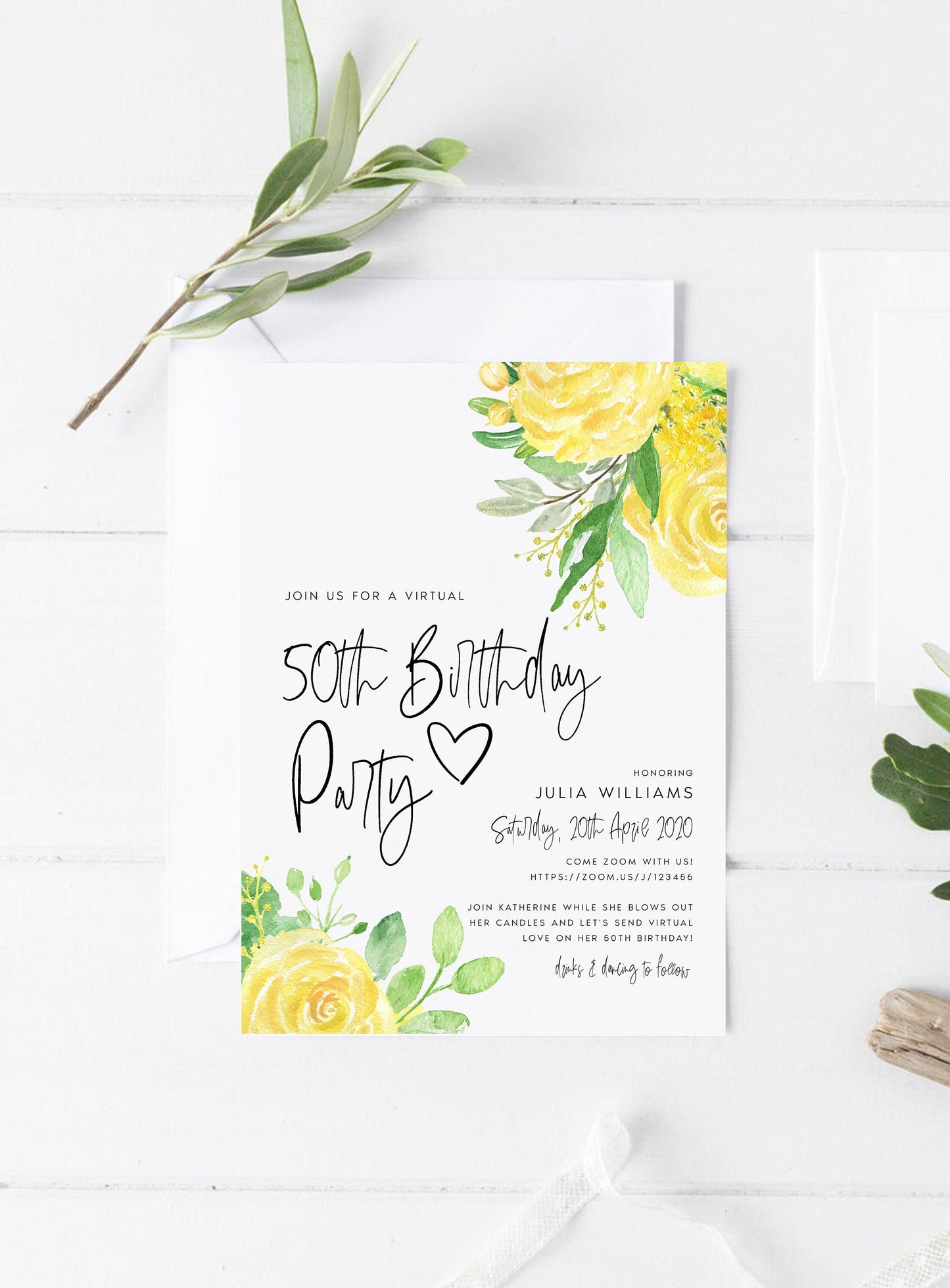 Virtual Birthday Party Invitations, Floral, Invite, Yellow, Digital Download, INSTANT DOWNLOAD, Social Distance Party, Editable, Printable