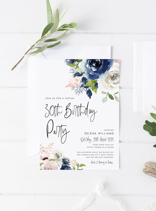 Virtual Birthday Party Invitations, Floral, Invite, Navy, Blush, Digital Download, INSTANT, Social Distance Party, Editable, Printable