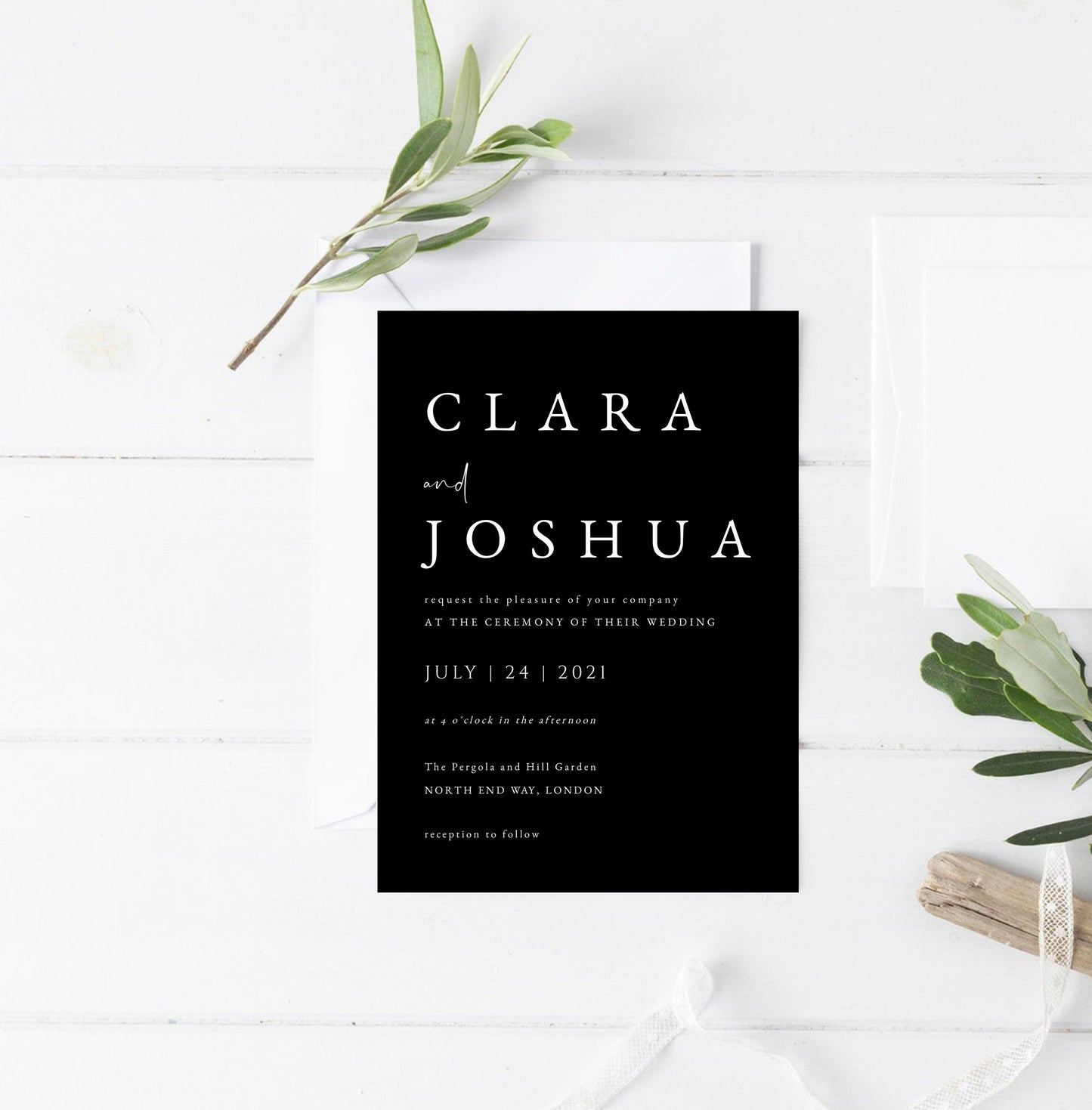 Clara Black Modern Wedding Invitation Suite