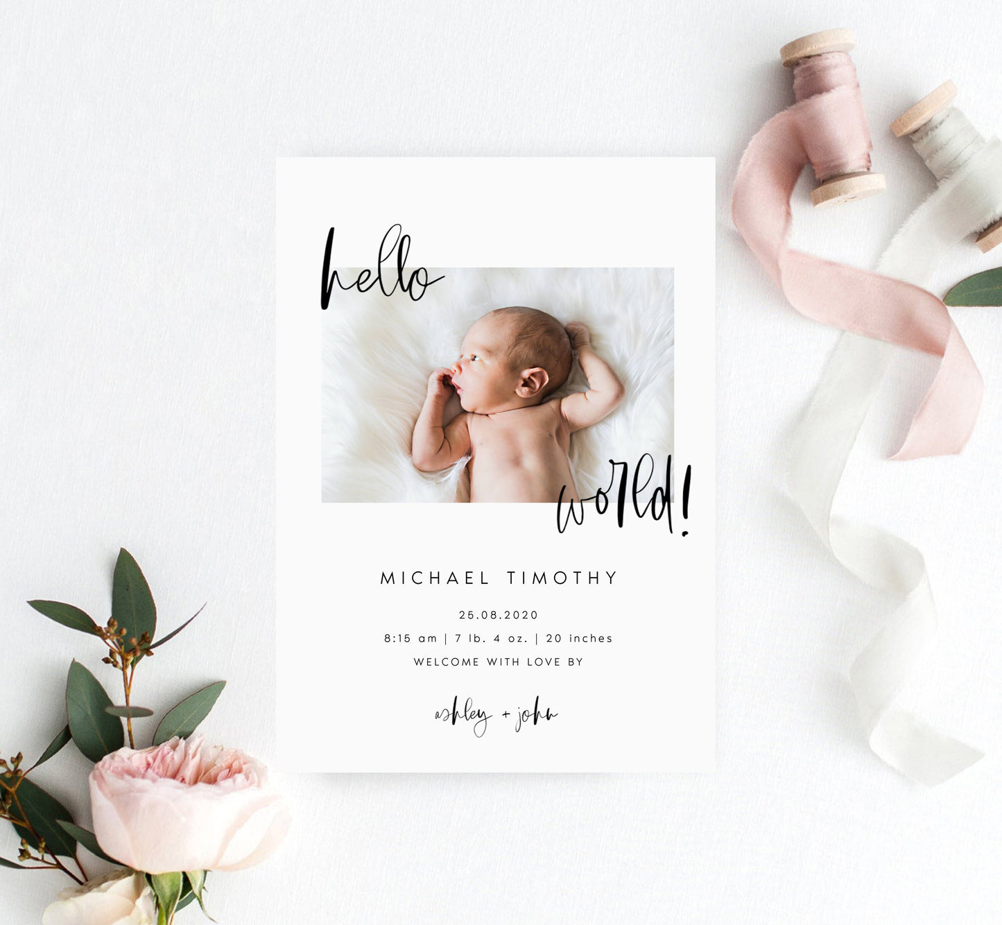 Modern Newborn Announcement, Photo Birth Announcement Template, Minimal Birth Announcement, Baby Birth Announcement, Hello World