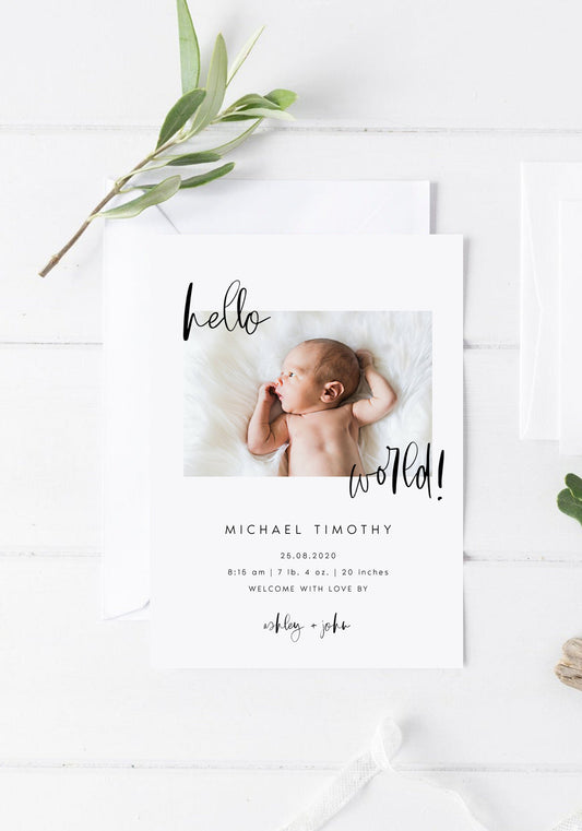 Modern Newborn Announcement, Photo Birth Announcement Template, Minimal Birth Announcement, Baby Birth Announcement, Hello World