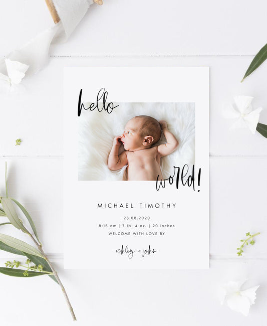 Modern Newborn Announcement, Photo Birth Announcement Template, Minimal Birth Announcement, Baby Birth Announcement, Hello World