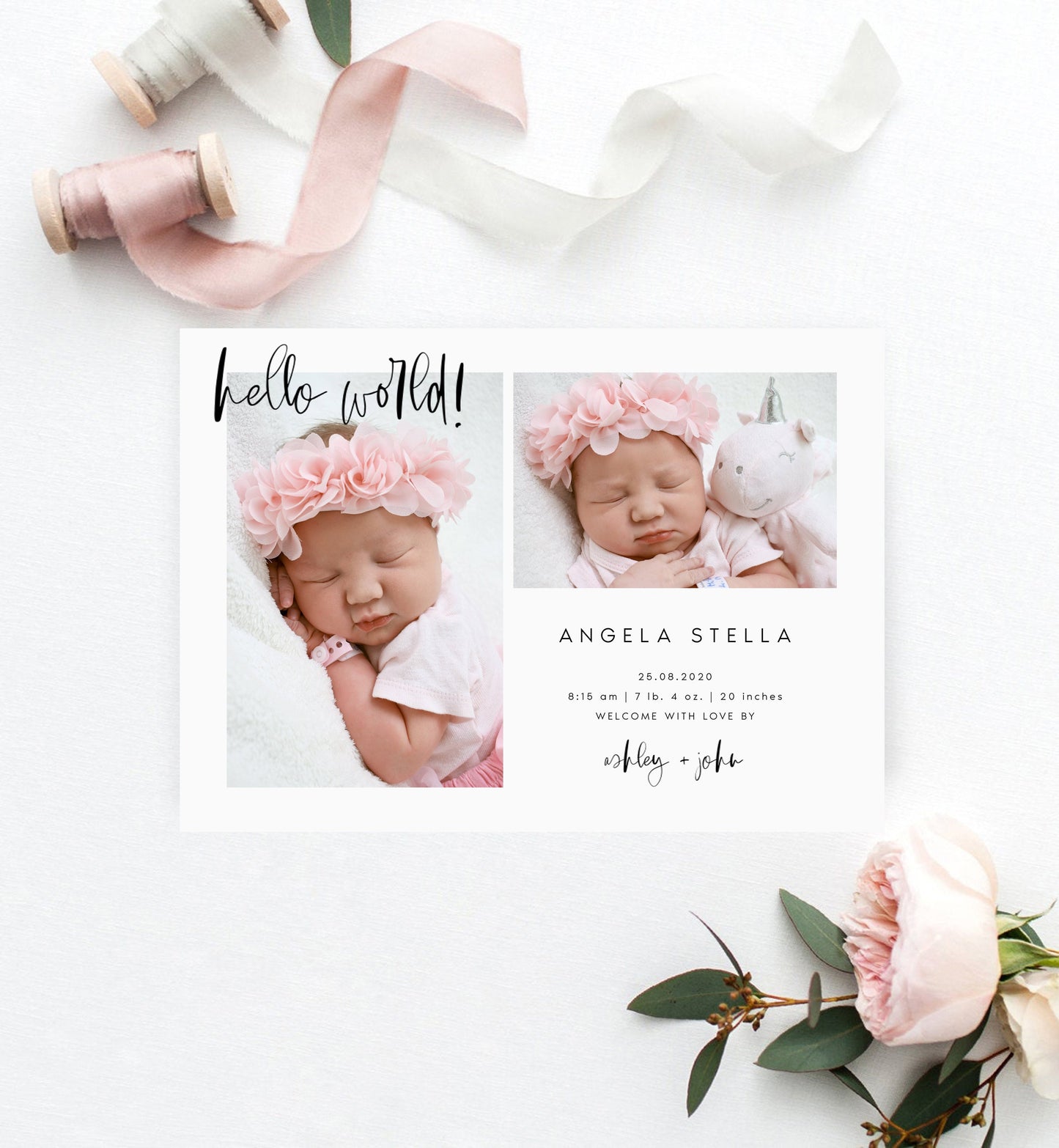 Photo Birth Announcement Template, Modern Newborn Announcement, Minimal Birth Announcement, Baby Birth Announcement, Hello World