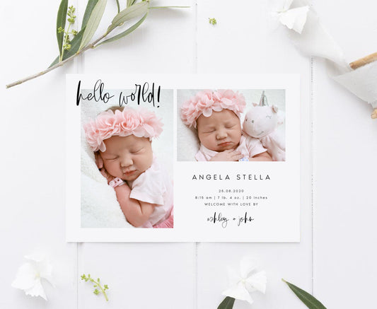 Photo Birth Announcement Template, Modern Newborn Announcement, Minimal Birth Announcement, Baby Birth Announcement, Hello World