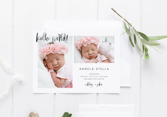 Photo Birth Announcement Template, Modern Newborn Announcement, Minimal Birth Announcement, Baby Birth Announcement, Hello World