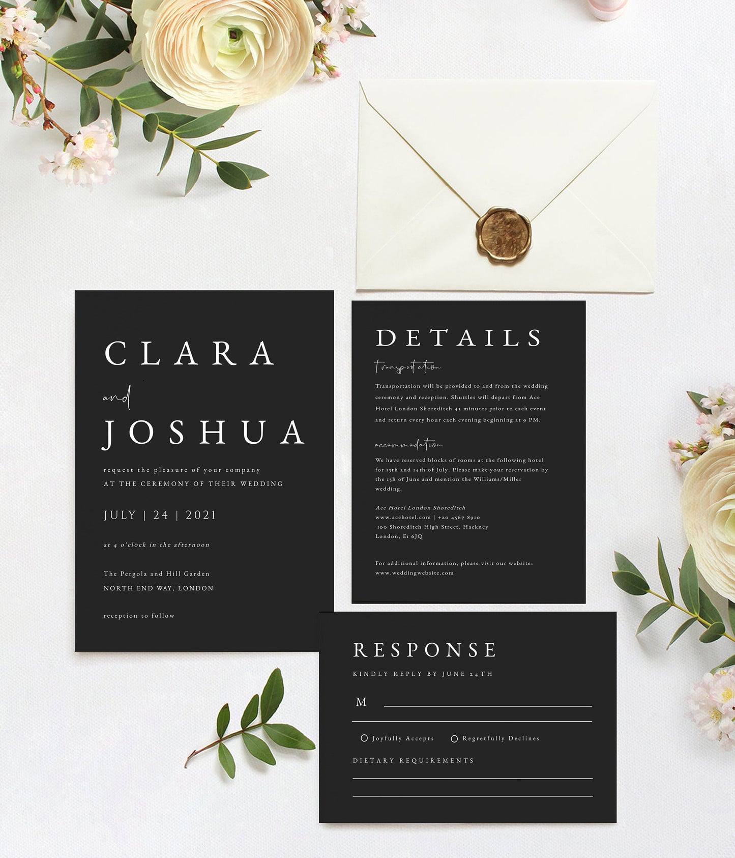 Clara Black Modern Wedding Invitation Suite