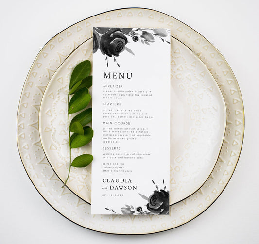 Claudia Black and White Floral Wedding Menu Template