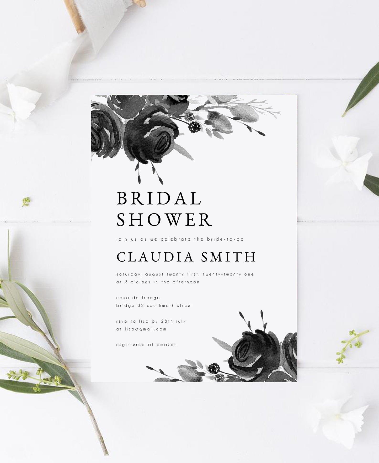 Claudia Black & White Bridal Shower Invitation Template