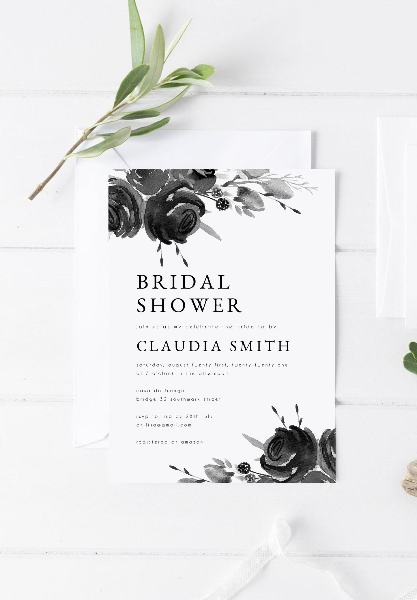 Claudia Black & White Bridal Shower Invitation Template