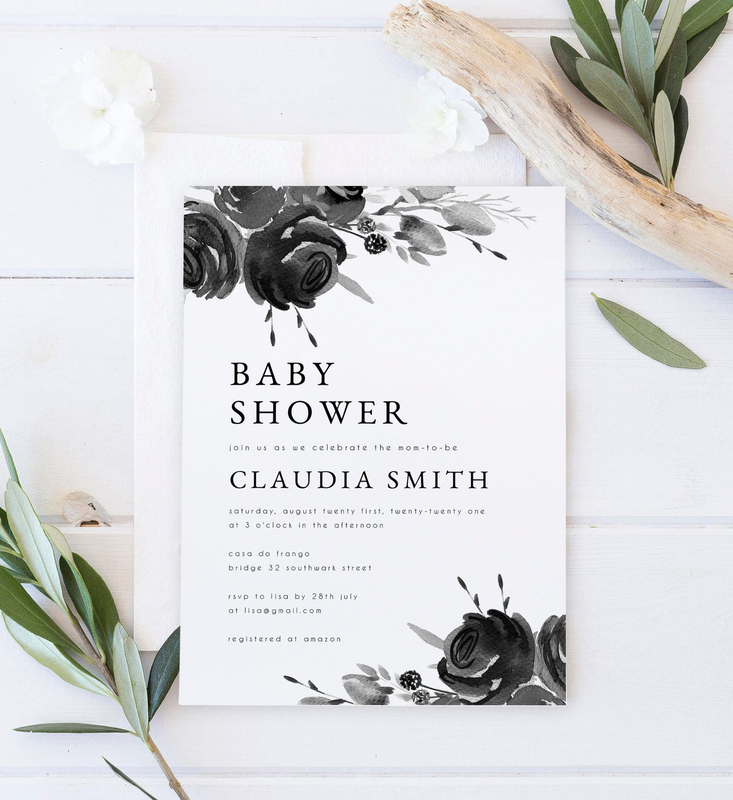 Claudia Black & White Baby Shower Invitation