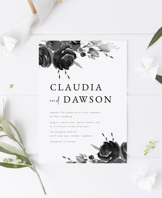 Claudia Black and White Wedding Invitation Template