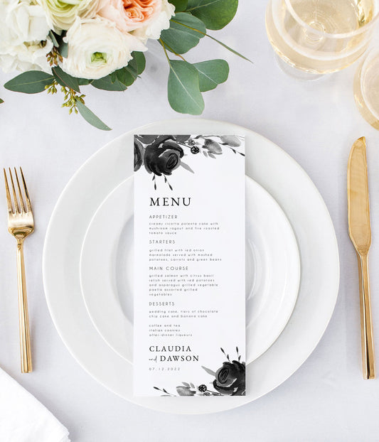 Claudia Black and White Floral Wedding Menu Template