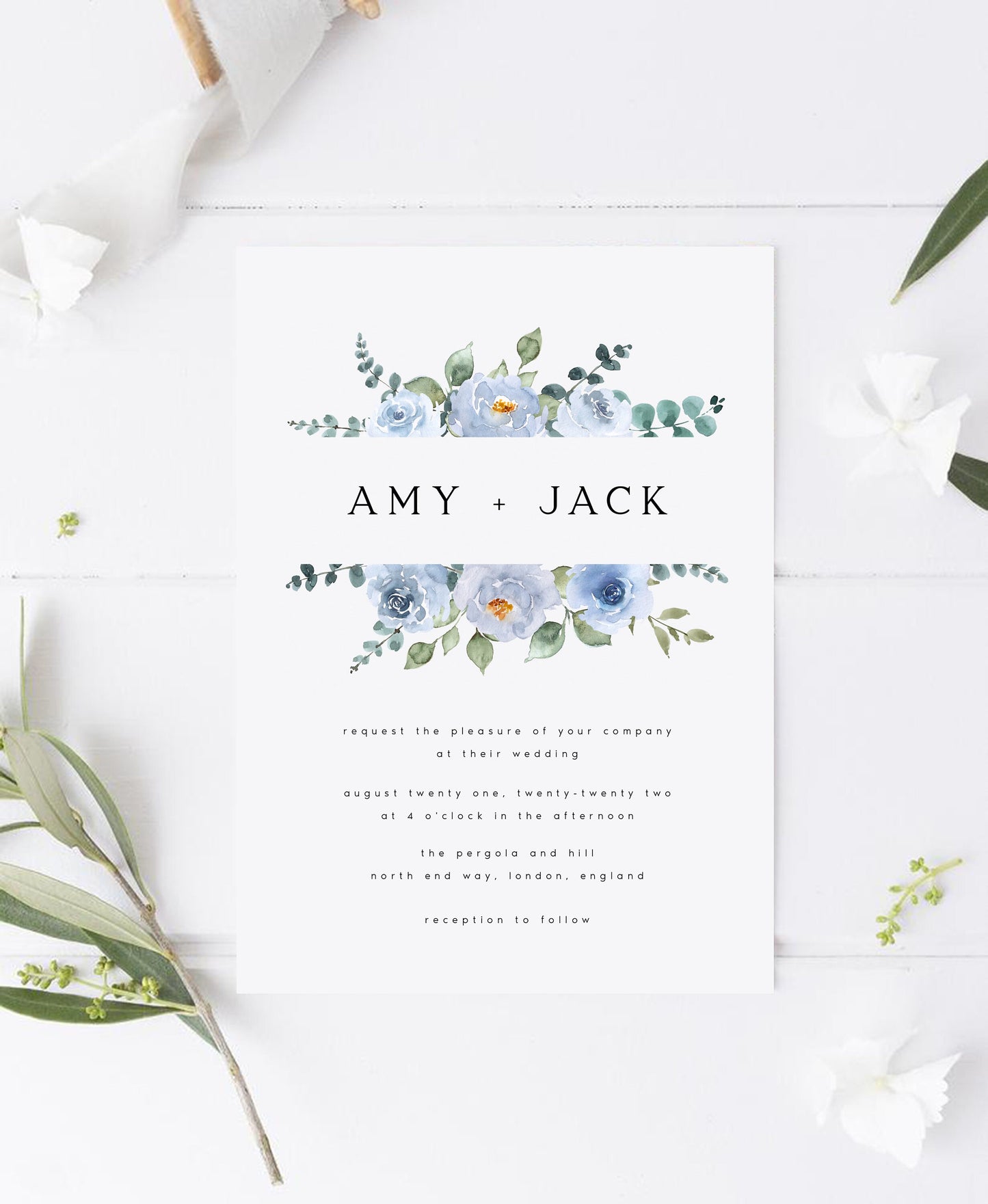 Amy Baby Blue Floral Wedding Invitation Template