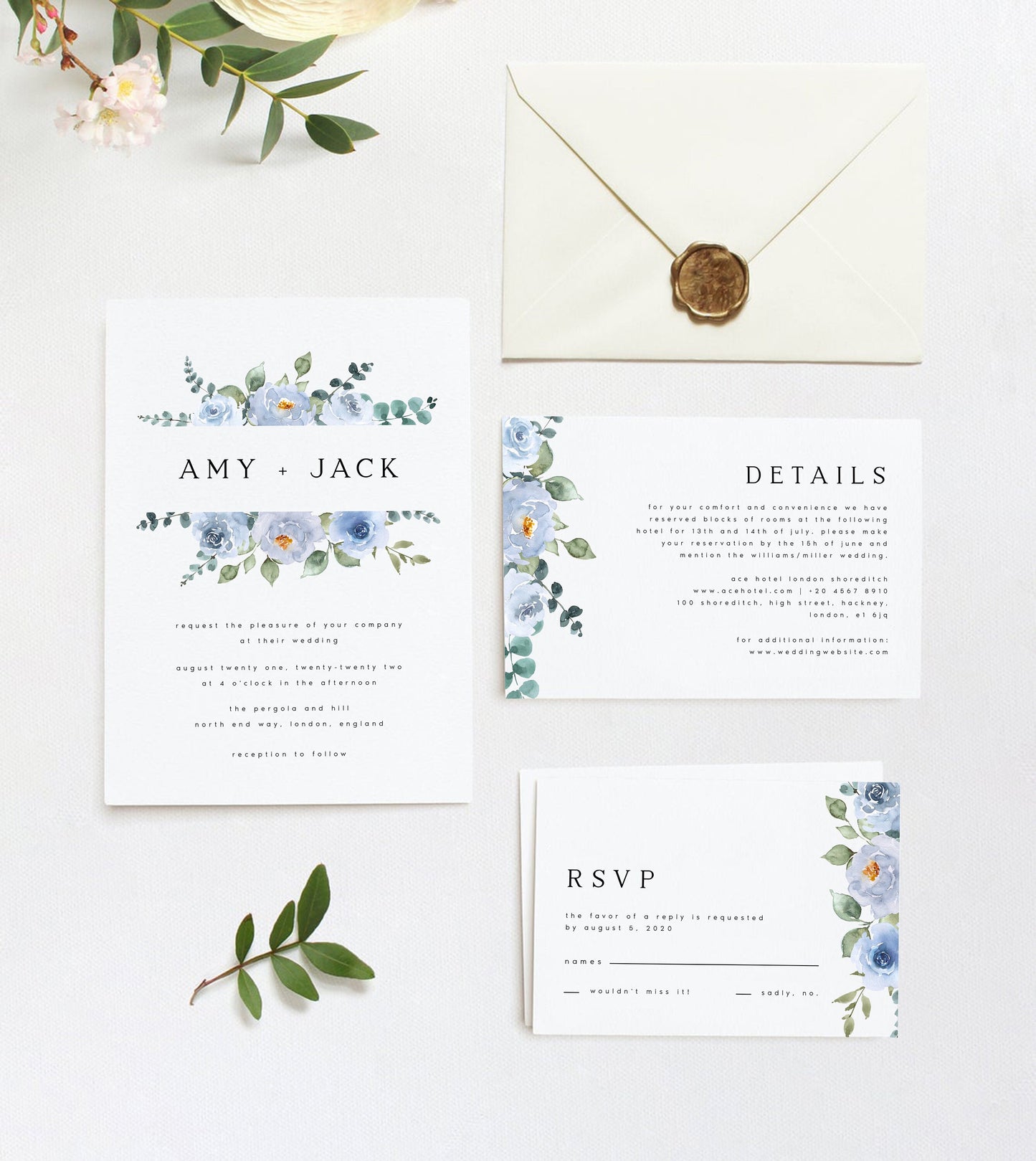 Amy Baby Blue Floral Wedding Invitation Template