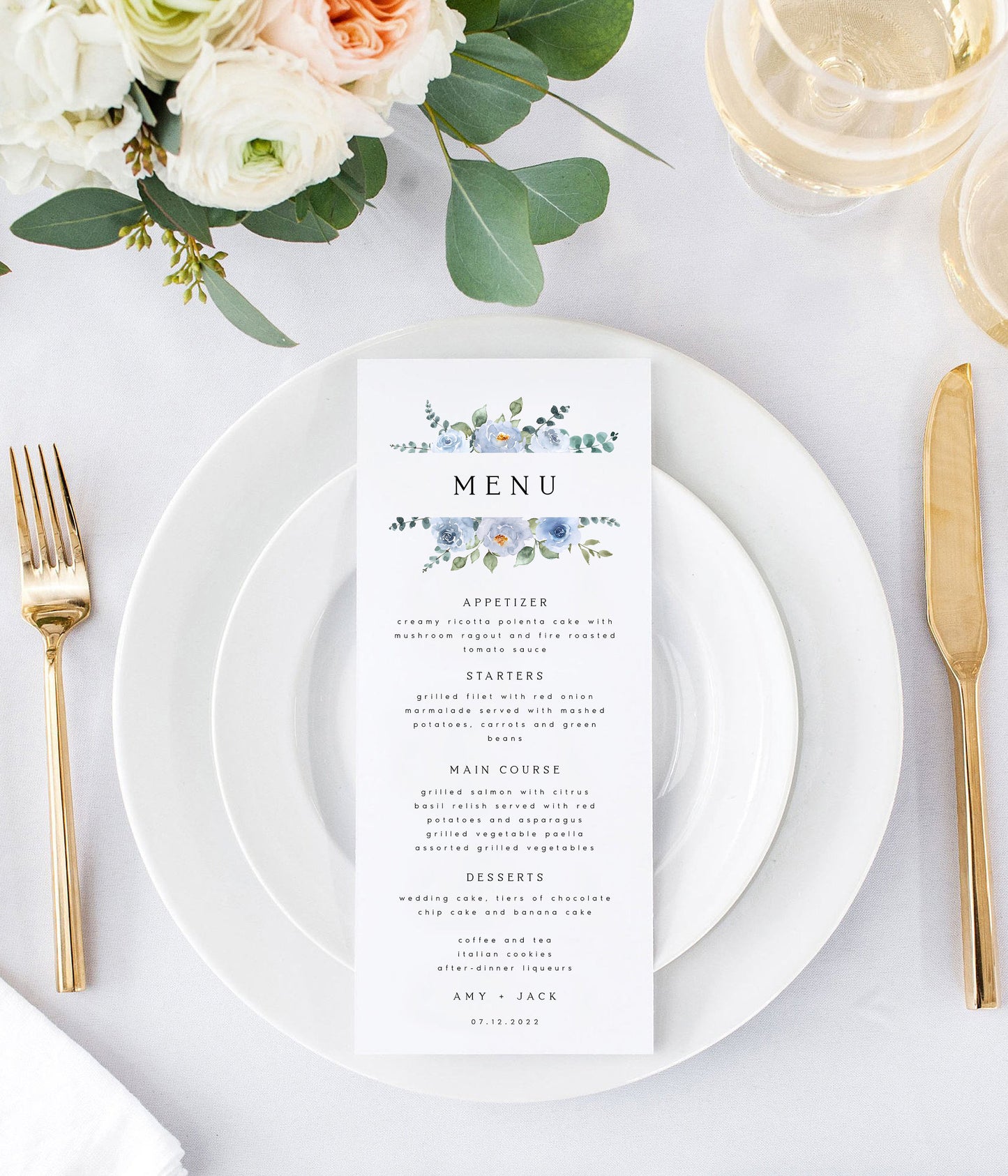 Amy Baby Blue Floral Wedding Menu Template