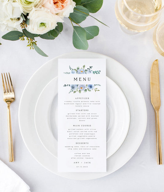 Amy Baby Blue Floral Wedding Menu Template