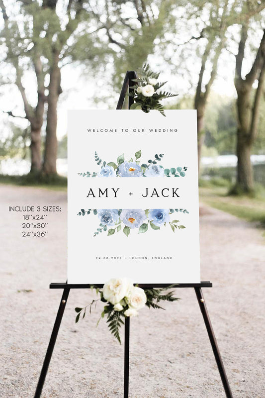 Amy Baby Blue Floral Wedding Welcome Sign