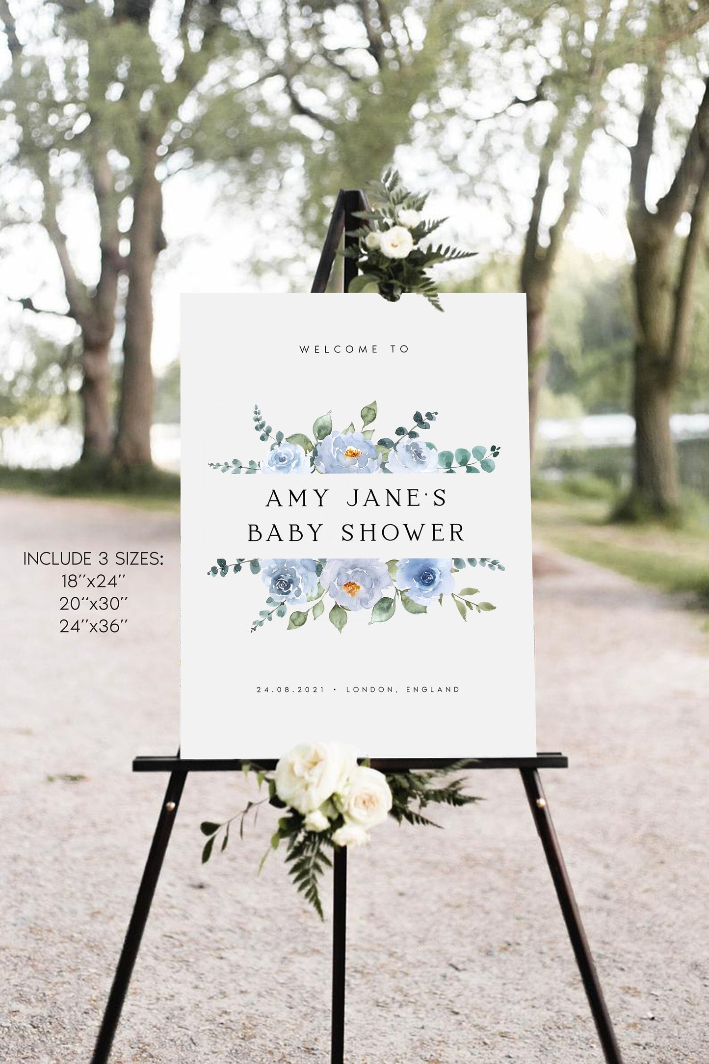 Amy Blue Floral Baby Shower Welcome Sign PRINTABLE