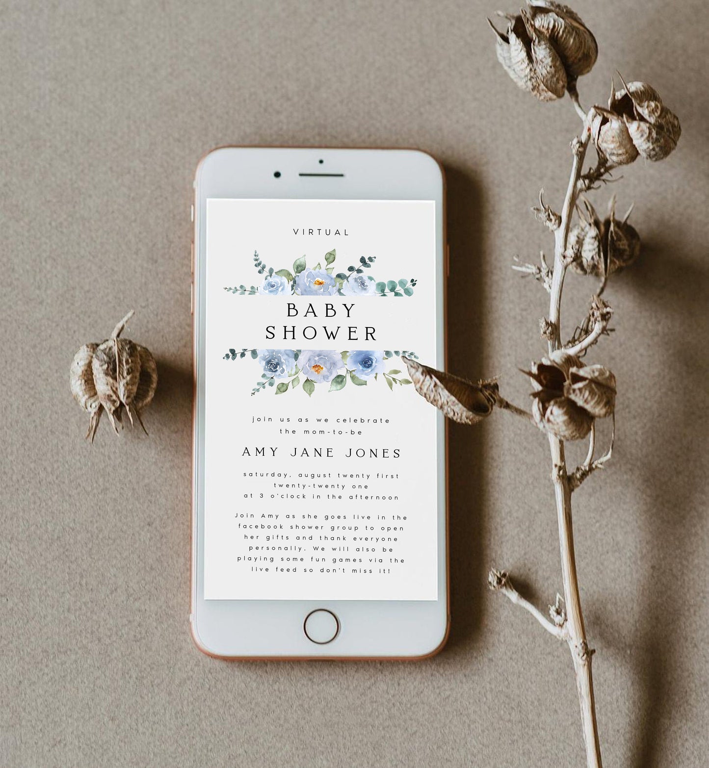 Amy Blue Floral Electronic Virtual Baby Shower Invitation Template