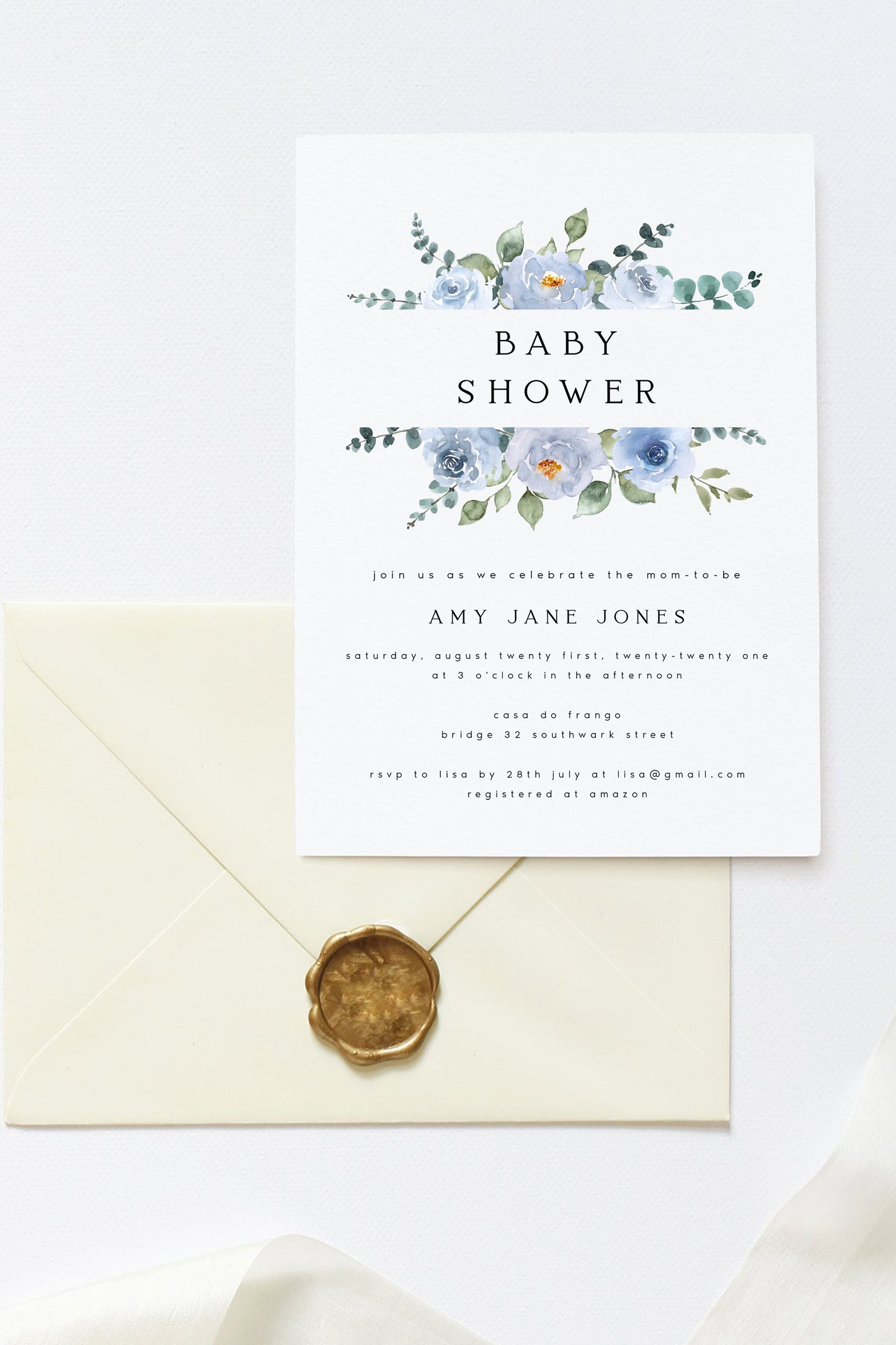 Amy Baby Blue Floral Baby Shower Invitation