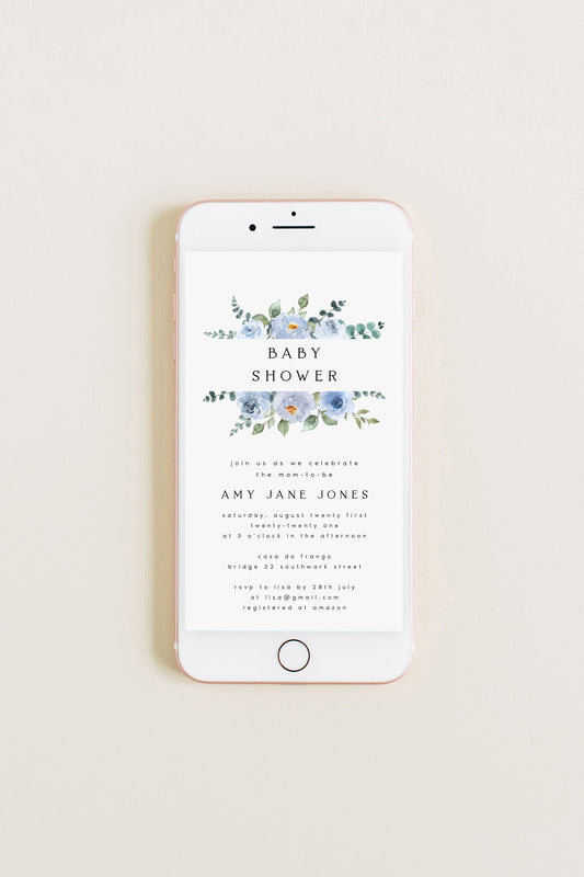 Amy Baby Blue Floral Electronic Baby Shower Invite