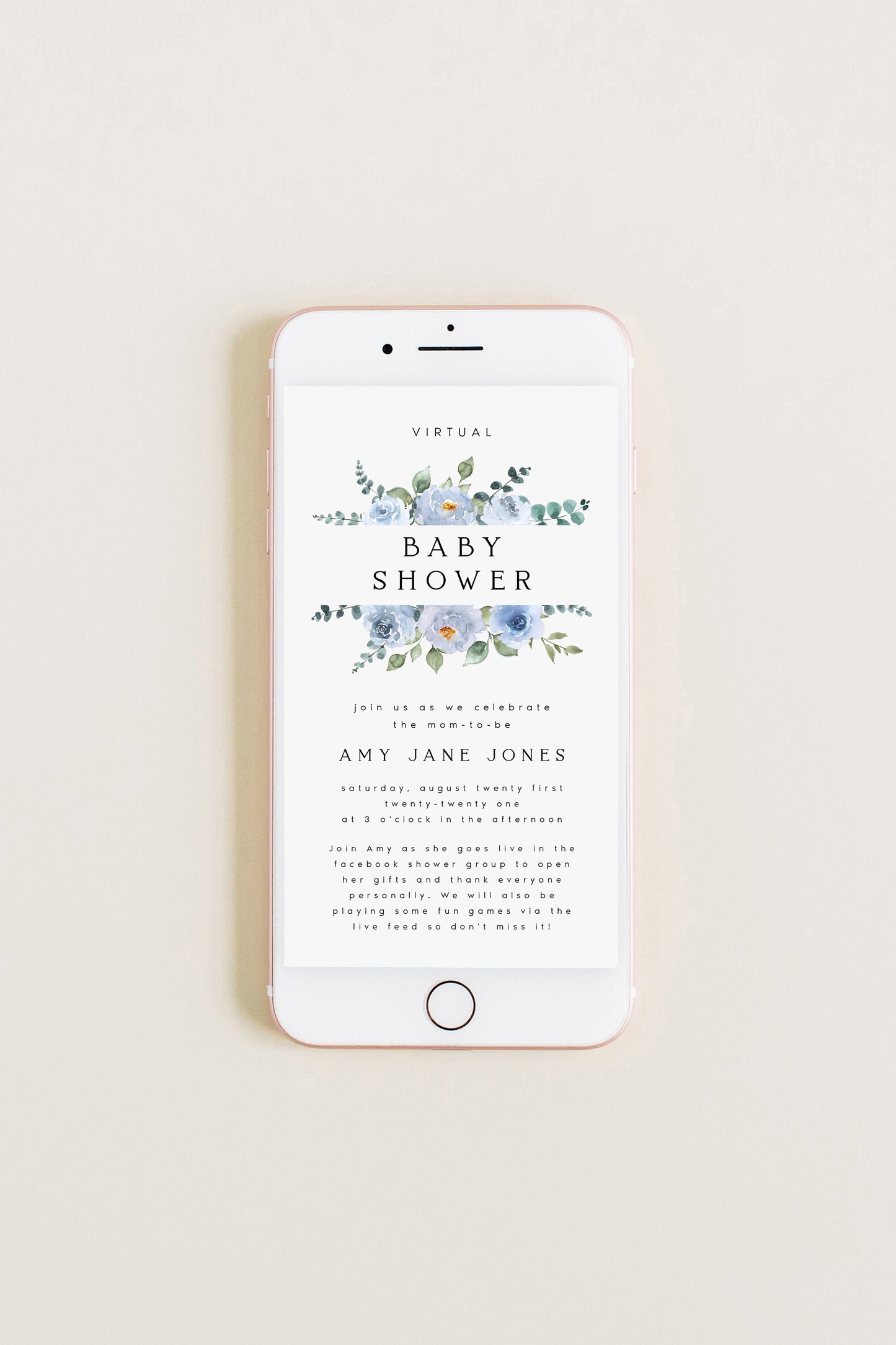 Amy Blue Floral Electronic Virtual Baby Shower Invitation Template