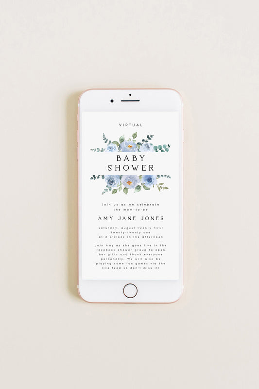 Amy Blue Floral Electronic Virtual Baby Shower Invitation Template