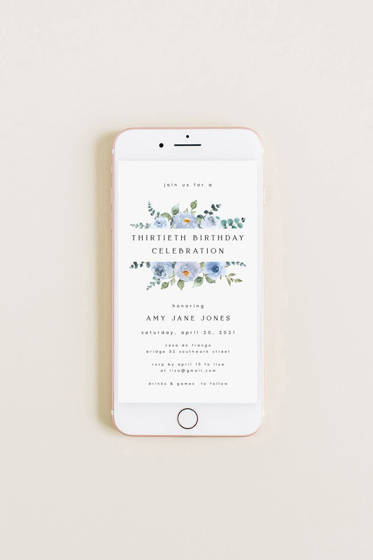 Amy Blue Floral Electronic Birthday Party Invitation