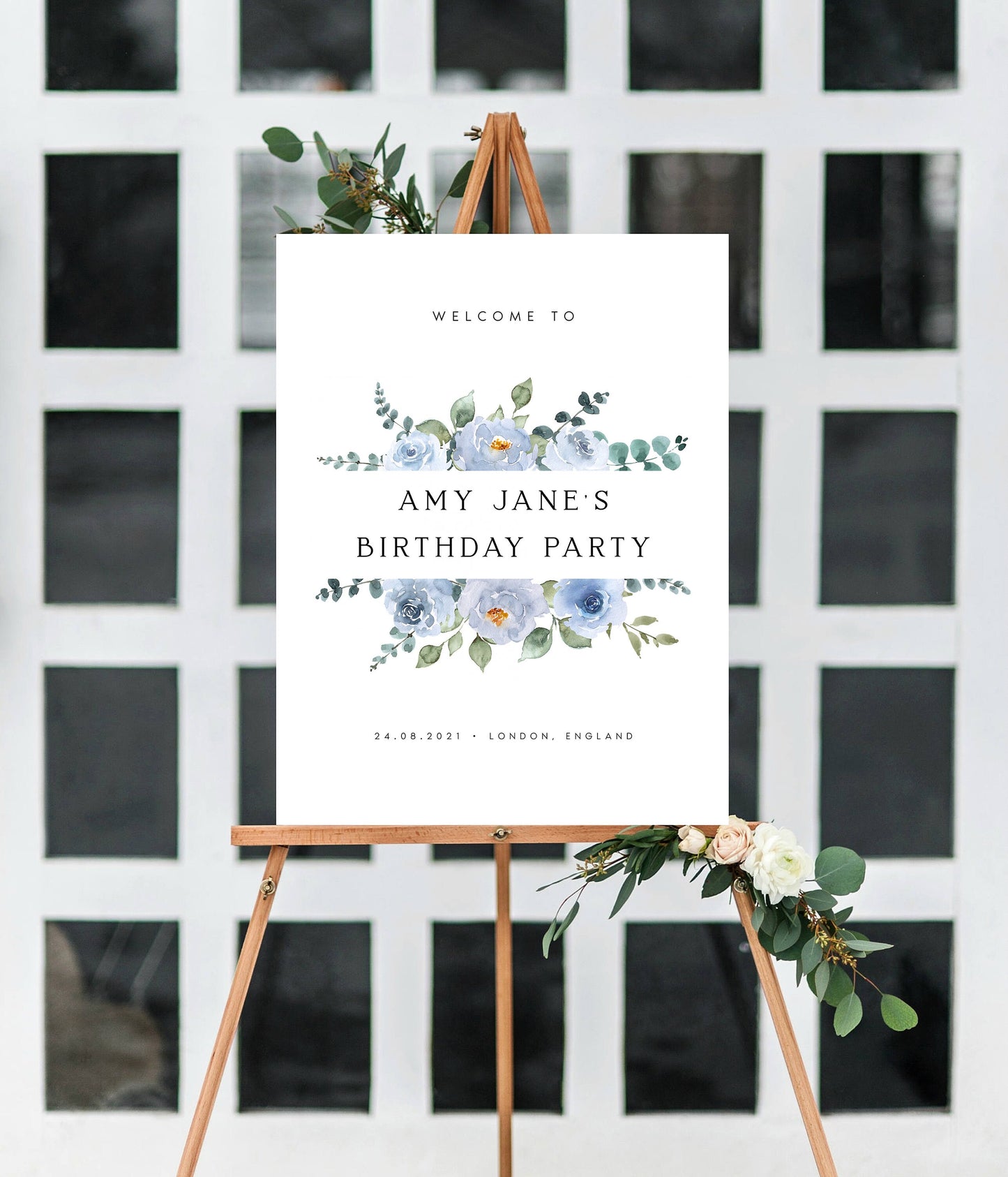 Amy Blue Floral Welcome Birthday Party Sign