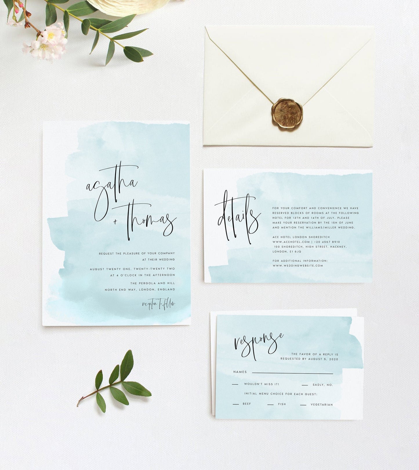 Agatha Baby Blue Watercolor Wedding Invitation