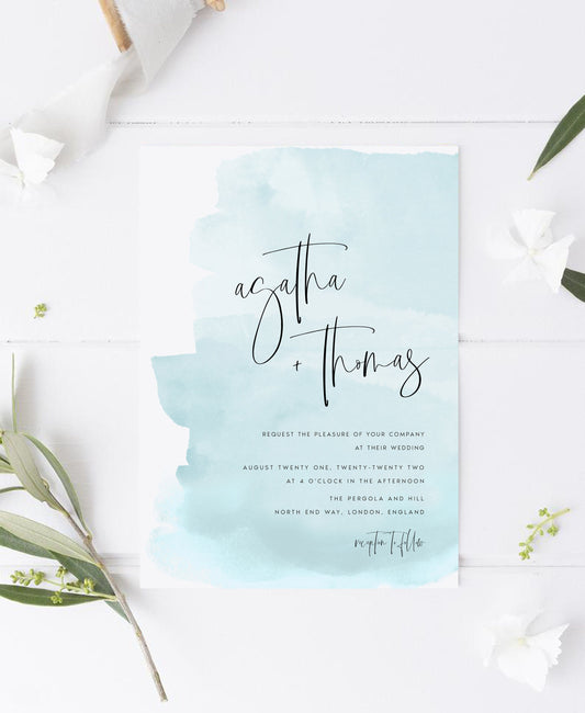 Agatha Baby Blue Watercolor Wedding Invitation Template