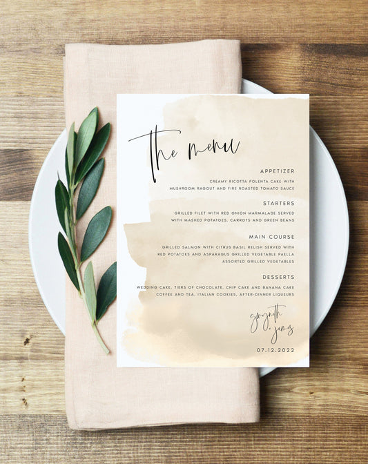 Gwyneth Watercolor Beige Wedding Menu Template