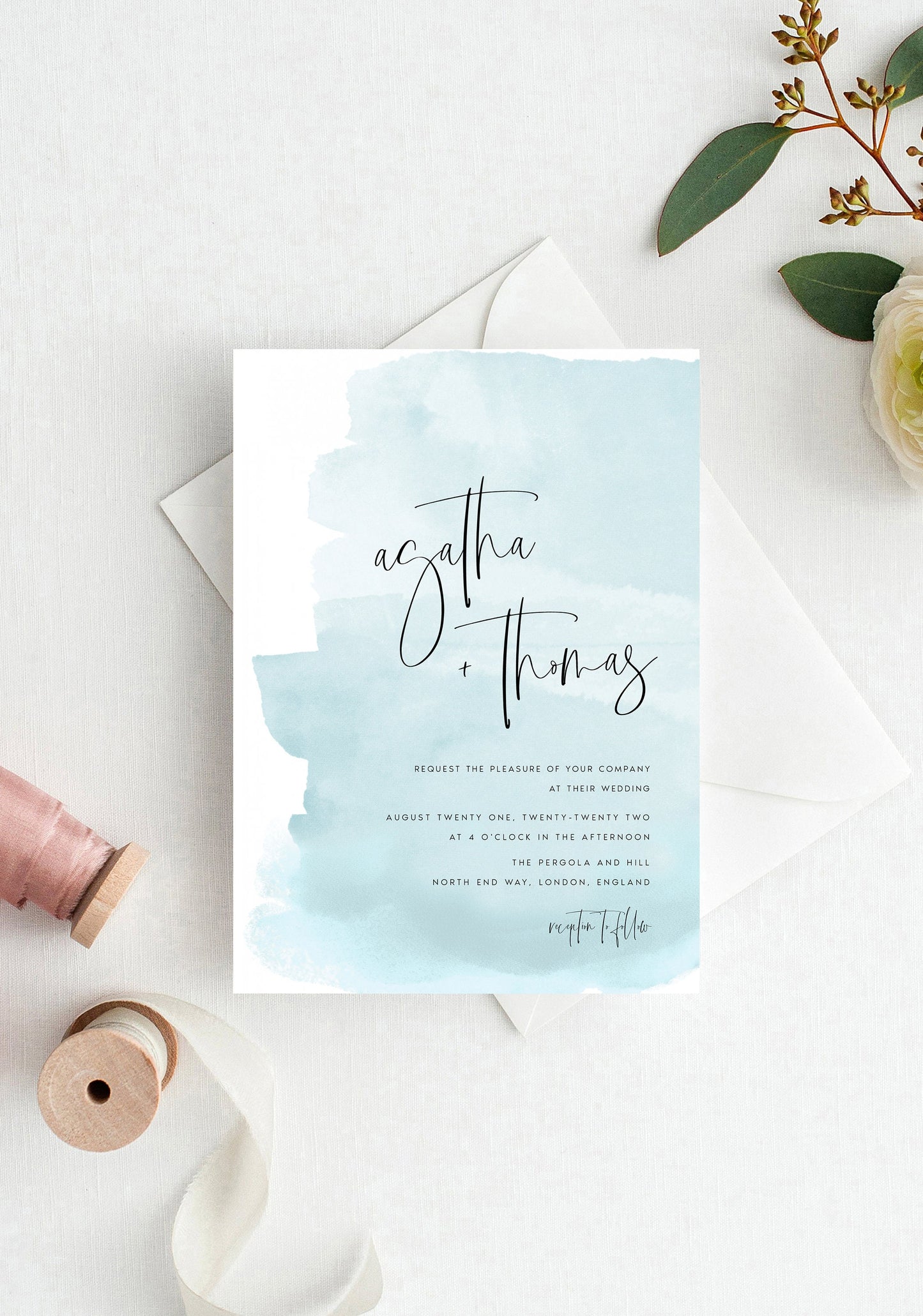 Agatha Baby Blue Watercolor Wedding Invitation