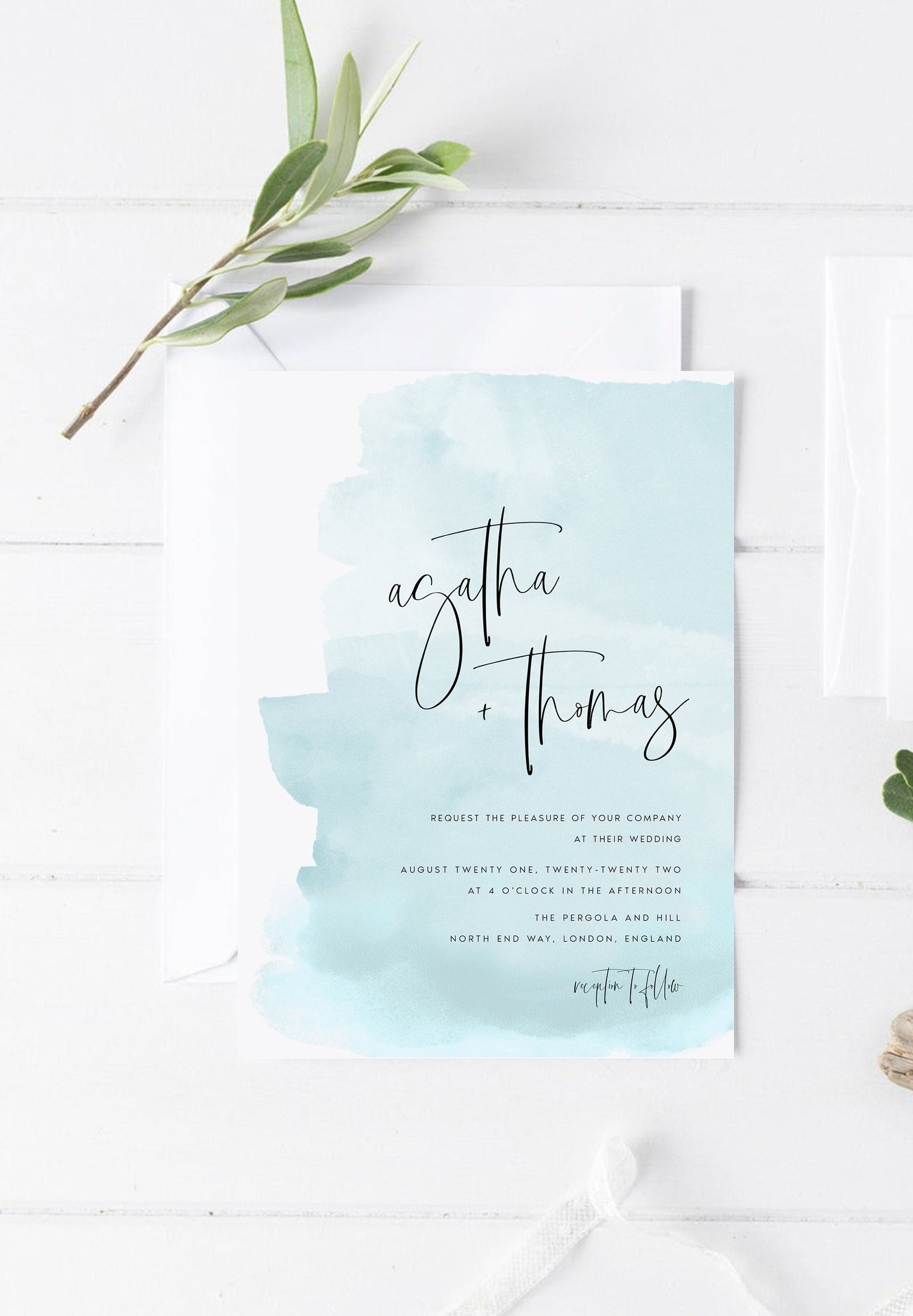 Agatha Baby Blue Watercolor Wedding Invitation