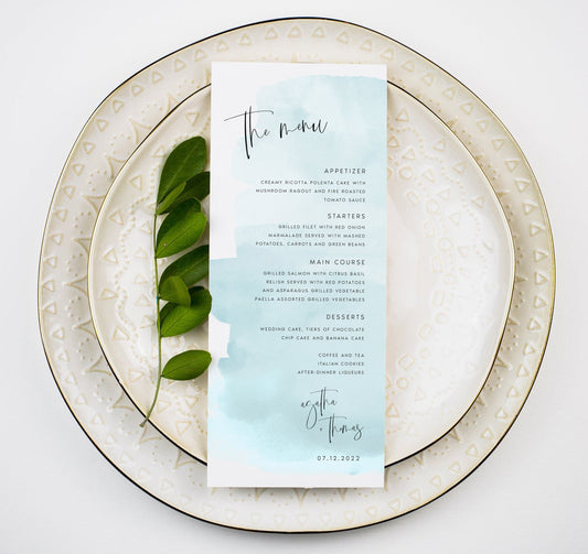 Agatha Baby Blue Watercolor Wedding Menu Template