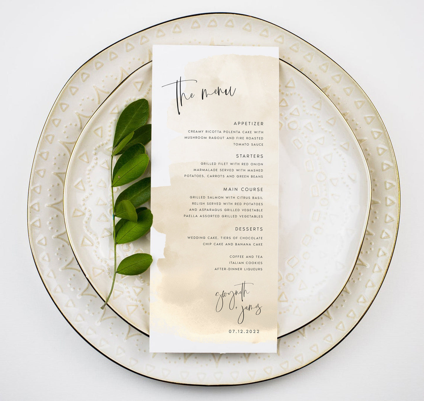 Gwyneth Beige Watercolor Wedding Menu Template