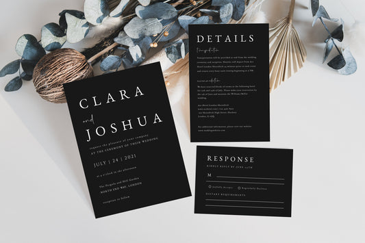 Clara Modern Wedding Invitation Set Template Black