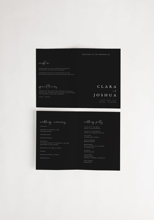 Clara Modern Black Wedding Program Template