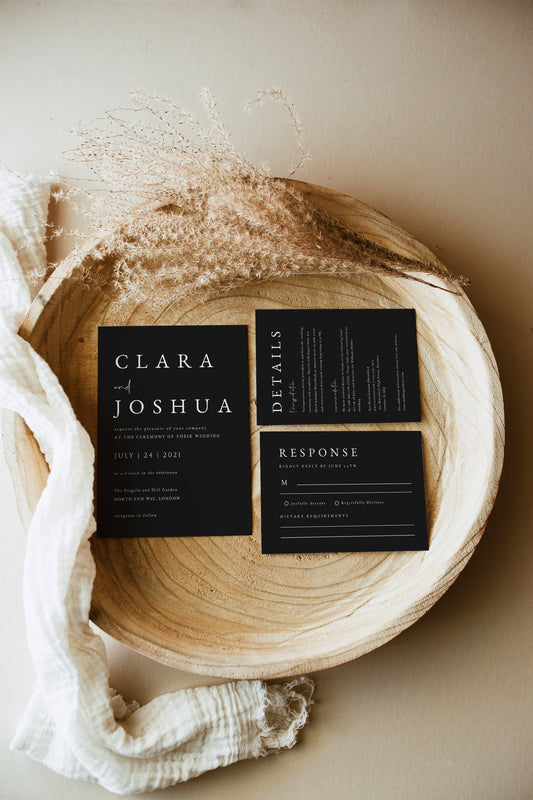 Clara Modern Wedding Invitation Set Template Black