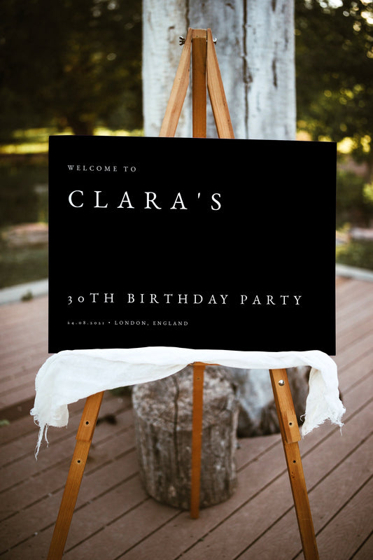 Clara Black Welcome Birthday Party Sign